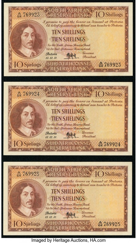 South Africa South African Reserve Bank 10 Shillings 15.12.1951 Pick 90c Three C...