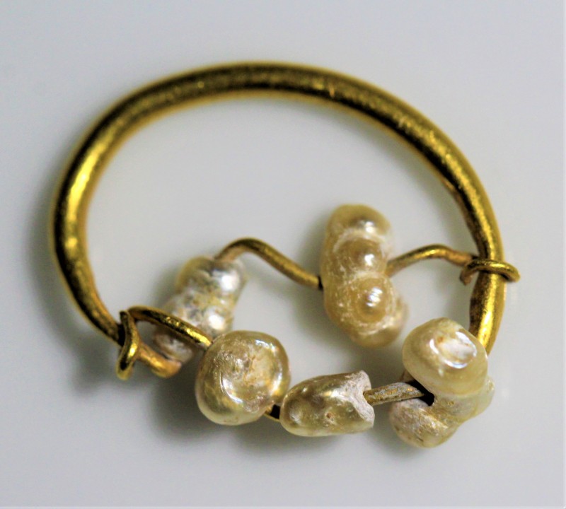 1st-3rd century AD. Gold earring with five river pearls. Intricate work. Very fi...