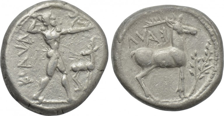 BRUTTIUM. Kaulonia. Nomos (Circa 475-425 BC). 

Obv: KAVΛ. 
Apollo advancing ...