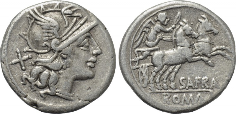 SPURIUS AFRANIUS. Denarius (150 BC). Rome. 

Obv: Helmeted head of Roma right;...