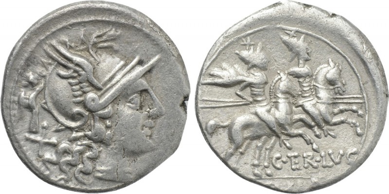 C. TERENTIUS LUCANUS. Denarius (147 BC). Rome. 

Obv: Helmeted head of Roma ri...