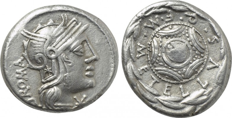 M. CAECILIUS Q.F. Q.N. METELLUS (127 BC). Denarius. Rome. 

Obv: ROMA. 
Helme...