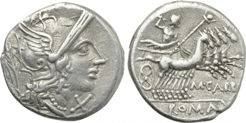 M. CARBO. Denarius (122 BC). Rome. 

Obv: Helmeted head of Roma right; X (mark...