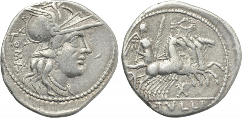 M. TULLIUS. Denarius (121 BC). Rome. 

Obv: ROMA. 
Helmeted head of Roma righ...