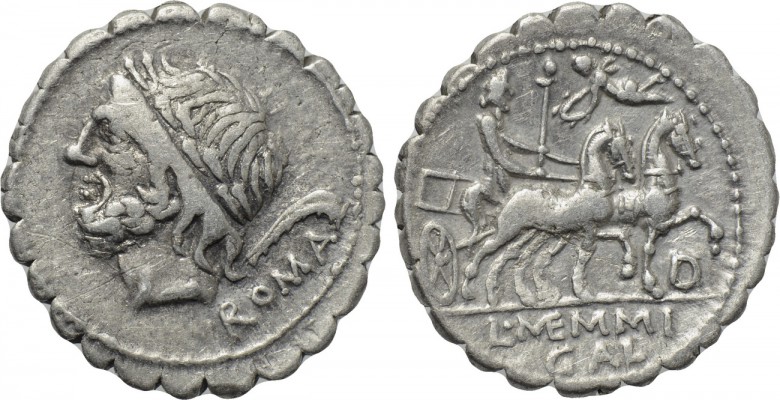 L MEMMIUS GALERIA. Serrate Denarius (106 BC). Rome. 

Obv: ROMA. 
Laureate he...