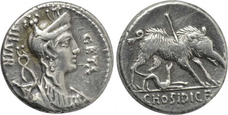 C. HOSIDIUS C. F. GETA. Denarius (64 BC). Rome. 

Obv: III VIR GETA. 
Diademe...