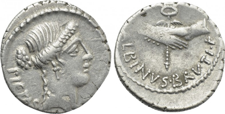ALBINUS BRUTI F. Denarius (48 BC). Rome. 

Obv: PIETAS. 
Head of Pietas right...