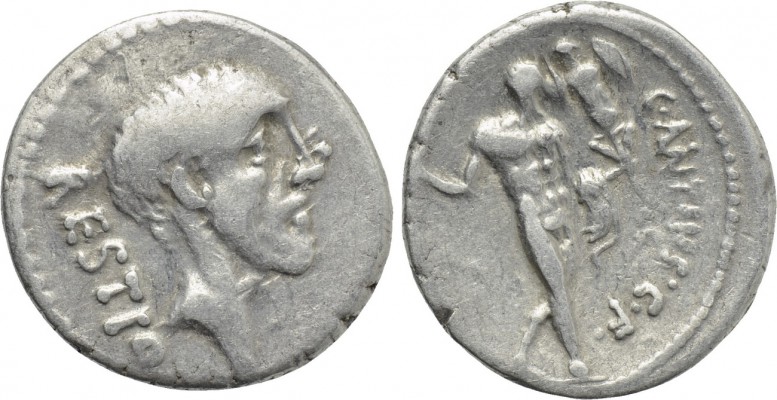 C. ANTIUS C. F. RESTIO. Denarius (47 BC). Rome. 

Obv: RESTIO. 
Bare head rig...