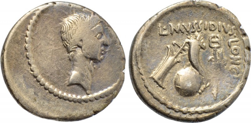 JULIUS CAESAR. Denarius (42 BC). Rome. L. Mussidius Longus, moneyer. Posthumous ...