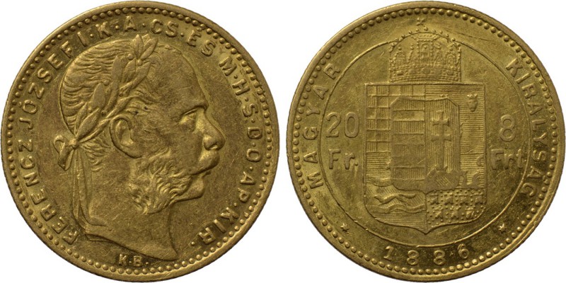 HUNGARY. Franz Joseph I (1848-1916). GOLD 20 Francs or 8 Forint (1886-KB). Körmö...