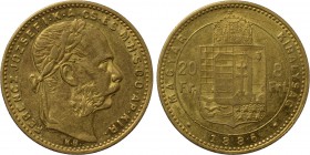 HUNGARY. Franz Joseph I (1848-1916). GOLD 20 Francs or 8 Forint (1886-KB). Körmöcbánya (Kremnica).