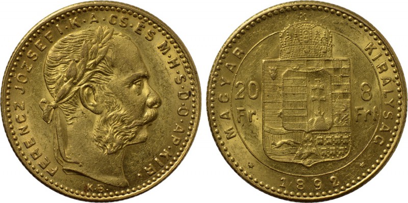 HUNGARY. Franz Joseph I (1848-1916). GOLD 20 Francs or 8 Forint (1892-KB). Körmö...