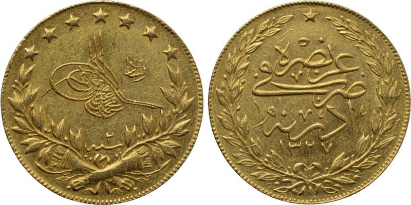 OTTOMAN EMPIRE. Mehmed V Reşâd (AH 1327-1336 / AD 1909-1918). GOLD 100 Kurush or...