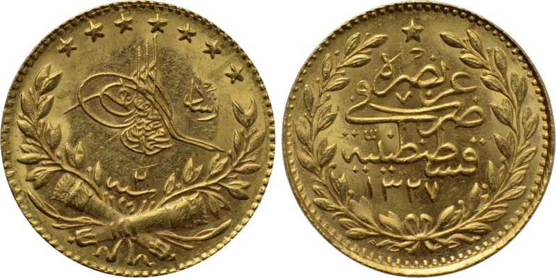 OTTOMAN EMPIRE. Mehmed V Reşâd (AH 1327-1336 / AD 1909-1918). GOLD 25 Kurush or ...