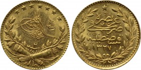 OTTOMAN EMPIRE. Mehmed V Reşâd (AH 1327-1336 / AD 1909-1918). GOLD 25 Kurush or Çeyrek liralık. Qustantiniya (Constantinople). Dated AH 1327//2 (AD 19...