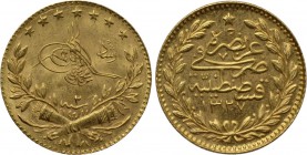 OTTOMAN EMPIRE. Mehmed V Reşâd (AH 1327-1336 / AD 1909-1918). GOLD 25 Kurush or Çeyrek liralık. Qustantiniya (Constantinople). Dated AH 1327//2 (AD 19...