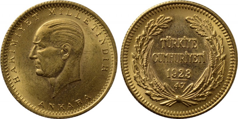 TURKEY. GOLD 100 Kurush (1923//47 [1970]). Ankara. 

Obv: HAKİMİYET MİLLETİNDİ...
