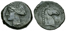 Zeugitania. Calco. 300-264 a.C. Cartago. (Müller-304 variante). Anv.: Cabeza de Ceres a izquierda, detrás letra fenicia ¿Men?. Rev.:  Cabeza de caball...