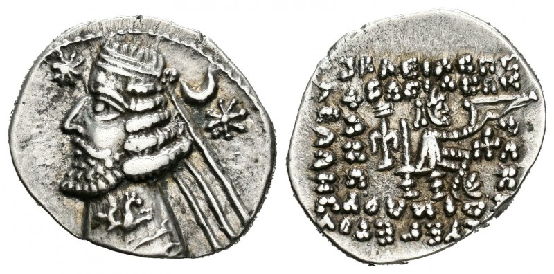 Imperio Parto. Orodes II. Dracma. 57-38 a.C. (Gc-7445). Anv.: Cabeza barbada y d...