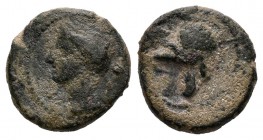 Cartagonova. 1/4 calco. 220-215 a.C. Cartagena (Murcia). (Abh-521). Anv.: Cabeza de Tanit. Rev.: Casco. Ae. 1,72 g. BC+. Est...18,00. English: Carthag...