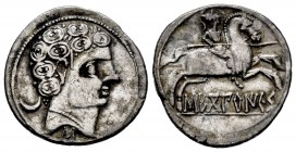 Sekoberikes. Denario. 120-30 a.C. Saelices (Cuenca). (Abh-2168). (Acip-1869). (C-5). Anv.: Cabeza masculina a derecha, detrás creciente, debajo letra ...