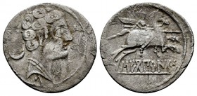 Sekoberikes. Denario. 120-30 a.C. Saelices (Cuenca). (Abh-2174). (Acip-1875). (C-10). Anv.: Cabeza masculina a derecha, detrás creciente y debajo letr...