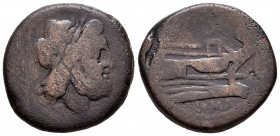 Anónima. Semis. 211-106 a.C. Roma. (Spink-766). Anv.: Cabeza laureada de Saturno a derecha, detrás S. Rev.: Proa de nave a derecha, debajo ROMA, encim...