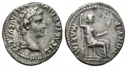 Tiberio. Denario. 16 d.C. Lugdunum. (Spink-1763). (Ric-26). (Seaby-16). Rev.: PONTIF MAXIM. Figura femenina sentada a derecha con cetro y rama. Ag. 3,...