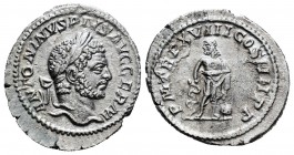Caracalla. Denario. 215 d.C. Roma. (Spink-6834). (Ric-251). (Seaby-302). Rev.: P M TR P XVIII COS IIII P P. Aesculapius con serpiente enrollada en su ...