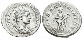 Eliogábalo. Antoniniano. 218-19 d.C. Roma. (Spink-7498). (Ric-138). Rev.: SALVS ANTONINI AVG. Salus en pie a derecha alimentando a una serpiente en su...