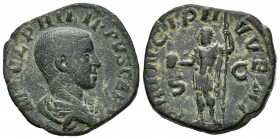 Filipo II. Sestercio. 245-246 d.C. Roma. (Spink-9249). (Ric-256a). Rev.: PRINCIPI IVVENT SC. Ae. 14,52 g. MBC-. Est...80,00. English: Philip II. Seste...