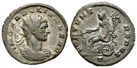 Aureliano. Antoniniano. 270-271 d.C. Mediolanum. (Spink-11539). (Ric-128). Rev.: FORTVNA REDVX. Fortuna sentada a izquierda en carro con cuerno de la ...