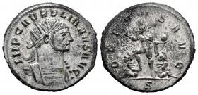 Aureliano. Antoniniano. 273 d.C. Siscia. (Spink-11573). (Ric-255). Rev.: ORIENS AVG. Sol avanzando con un globo entre dos cautivos, en exergo S. Ag. 3...