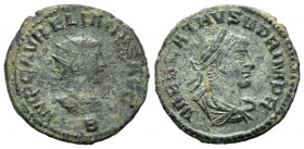 Aureliano y Vabalato. Antoniniano. 270-5. Antioquía. (Ch-1). (Ric-381). Anv.: Busto radiado de Aureliano a derecha. Rev.: Busto de Vabalato laureado a...