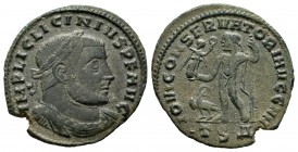 Licinio I. Follis. 312-313 d.C. Tesalónica. (Spink-15251). (Ric-59). Rev.: IOVI CONSERVATORI AVGG NN, en exergo TSA. Júpiter en pie a izquierda con Vi...