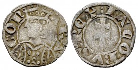 Corona de Aragón. Jaime II (1291-1327). Dinero. Aragón. (Cru-364). Anv.: ARA-GON. Busto coronado a izquierda. Rev.: IACOBVS REX. Cruz patriarcal. Ve. ...