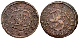 Felipe II (1556-1598). 4 maravedís. 1598. Segovia. (Jarabo-Sanahuja-B8). Ae. 5,97 g. Sin ceca ni valor. MBC. Est...25,00. English: Philip II (1556-159...