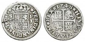 Fernando VI (1746-1759). 1/2 real. 1748. Sevilla. PJ. (Cal 2008-693). Ag. 1,35 g. Rayas. Escasa. BC+. Est...40,00. English: Ferdinand VI (1746-1759). ...
