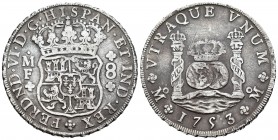 Fernando VI (1746-1759). 8 reales. 1753. México. MF. (Cal 2008-331). (Cal 2019-479). Ag. 26,86 g. MBC/MBC-. Est...250,00. English: Ferdinand VI (1746-...