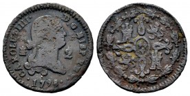 Carlos IV (1788-1808). 2 maravedís. 1798. Segovia. (Cal 2008-1531 variante). Ae. 2,26 g. Dos puntos a la derecha de la fecha. BC+. Est...15,00. Englis...