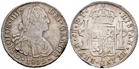 Carlos IV (1788-1808). 8 reales. 1802. México. FT. (Cal 2008-698). Ag. 26,88 g. Golpecito en el canto. MBC. Est...65,00. English: Charles IV (1788-180...