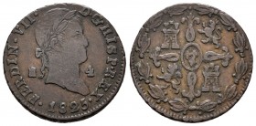 Fernando VII (1808-1833). 4 maravedís. 1825. Segovia. (Cal 2008-1708). Ae. 5,80 g. Dígitos de la fecha muy apretados. Escasa. MBC. Est...35,00. Englis...