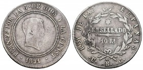 Fernando VII (1808-1833). 10 reales. 1821. Bilbao. UG. (Cal 2008-702). (Cal 2019-1023). Ag. 12,88 g. Tipo "cabezón". Módulo de 4 reales. BC+/MBC-. Est...
