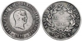 Fernando VII (1808-1833). 10 reales. 1821. Madrid. SR. (Cal 2008-762). (Cal 2019-1088). Ag. 13,14 g. Tipo "cabezón". Módulo de 4 reales. BC+. Est...50...