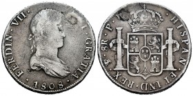 Fernando VII (1808-1833). 8 reales. 1808. Potosí. PJ. (Cal 2008-607). (Cal 2019-1373). Ag. 26,59 g. Agujero tapado. BC/BC+. Est...30,00. English: Ferd...