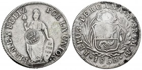 Fernando VII (1808-1833). 8 reales. 1833. Lima. MM. (Cal 2008-536). (Cal 2019-1305). Ag. 26,24 g. Resello F7º coronado para circular por Manila. MBC+....