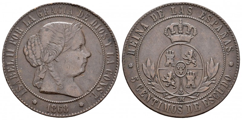 Isabel II (1833-1868). 5 céntimos de escudo. 1868. Barcelona. OM. (Cal 2008-633)...