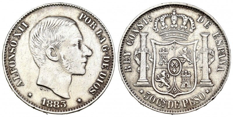 Centenario de la Peseta (1868-1931). Alfonso XII (1874-1885). 50 centavos. 1883....