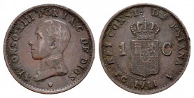 Centenario de la Peseta (1868-1931). Alfonso XIII (1886-1931). 1 céntimo. 1911*1. Madrid. PCV. (Cal 2008-78). (Cal 2019-3). Ae. 1,11 g. Escasa. MBC-. ...
