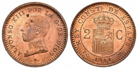 Centenario de la Peseta (1868-1931). Alfonso XIII (1886-1931). 2 céntimos. 1911*11. Madrid. PCV. (Cal 2008-73). (Cal 2019-13). Ae. 1,97 g. Dos manchit...
